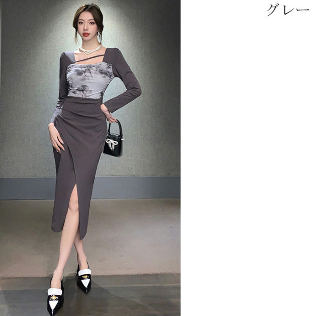 年末のプロモーション特価！ 深スリットロングスカート 長袖タイトワンピース カーキ グレー ワンピース