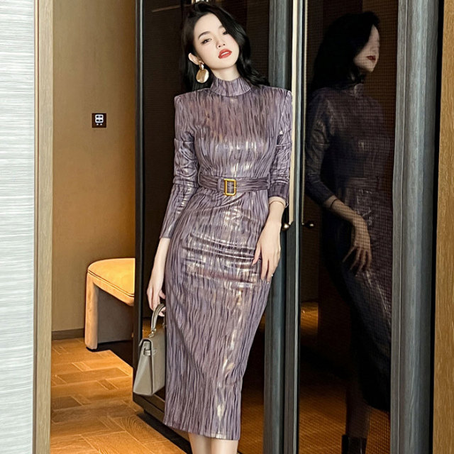 ハイネック縦ライン ミモレ丈 長袖タイトドレスワンピース