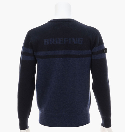 BRIEFING MEN'S MERINO WOOL STRIPE LOGO CREWNECK KNIT NAVY