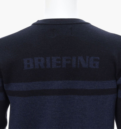 BRIEFING MEN'S MERINO WOOL STRIPE LOGO CREWNECK KNIT NAVY