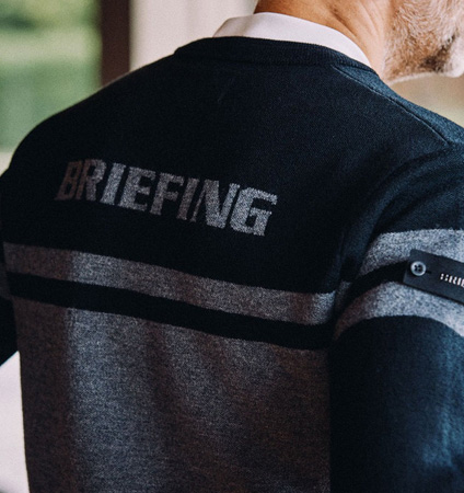 BRIEFING MEN'S MERINO WOOL STRIPE LOGO CREWNECK KNIT NAVY