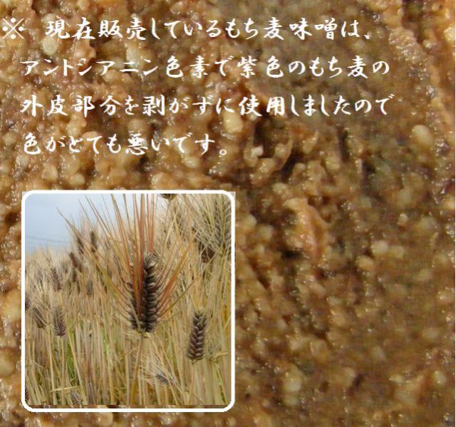 ※現在販売しているもち麦味噌は、アントシアニン色素で紫色のもち麦の外皮部分を剥がずに使用したので色がとても悪いです。