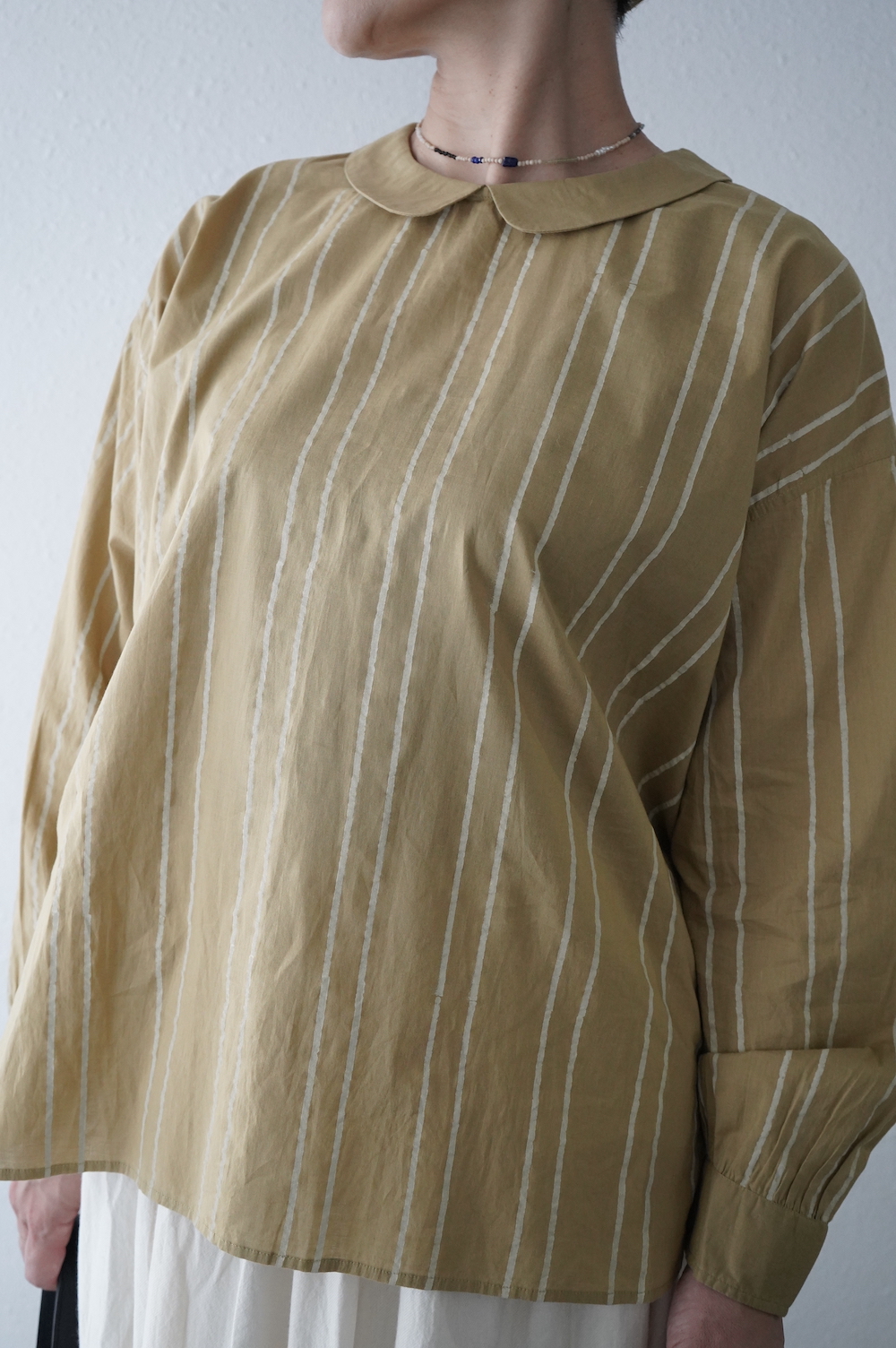 maison de soil ストライプブロックプリント丸襟シャツ