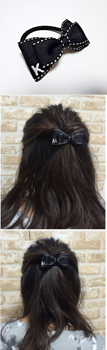 ハンドメイドのヘアゴムにイニシャルワッペン*ファーニー