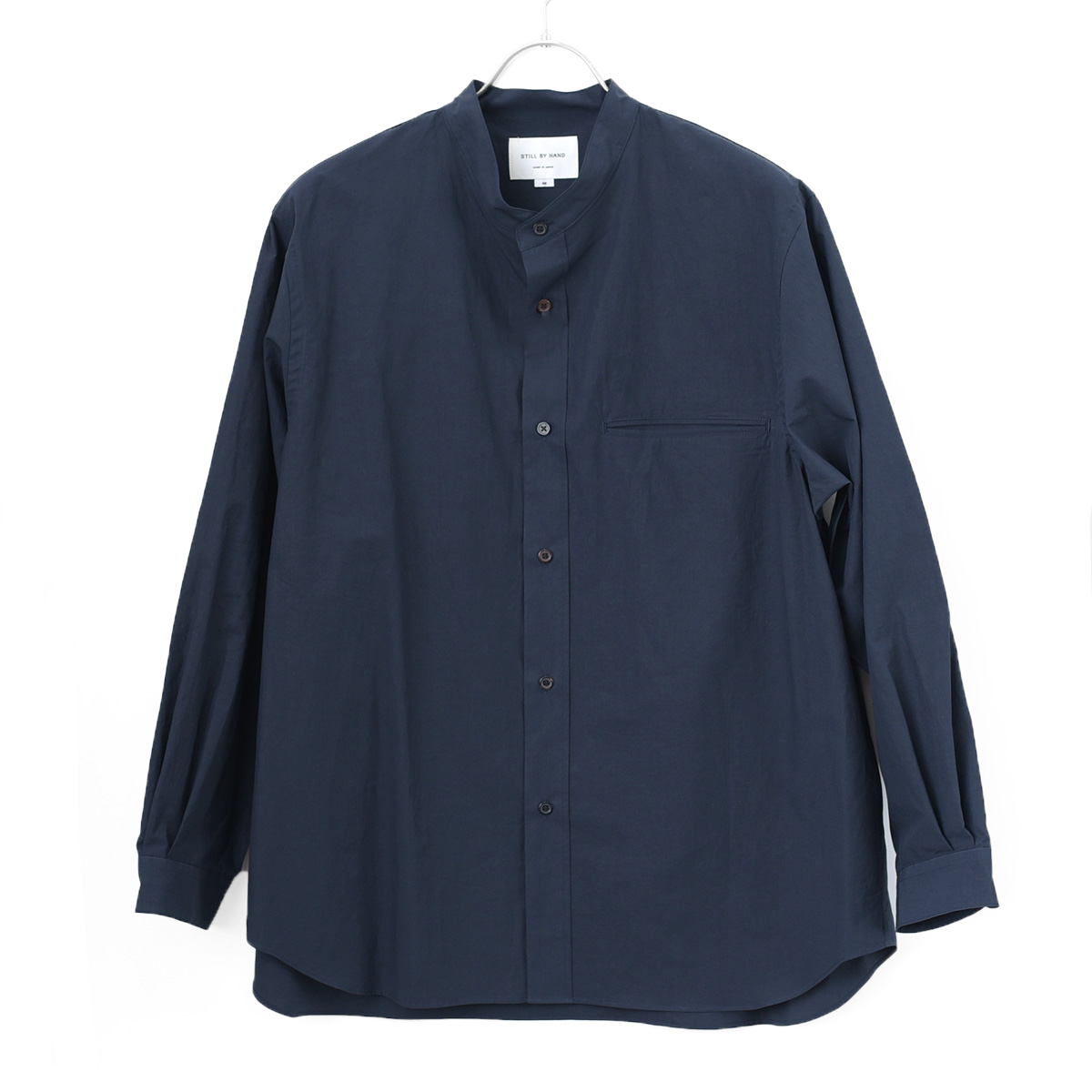 STILL BY HAND - Cotton/Linen Band Collar Shirt - Navy
