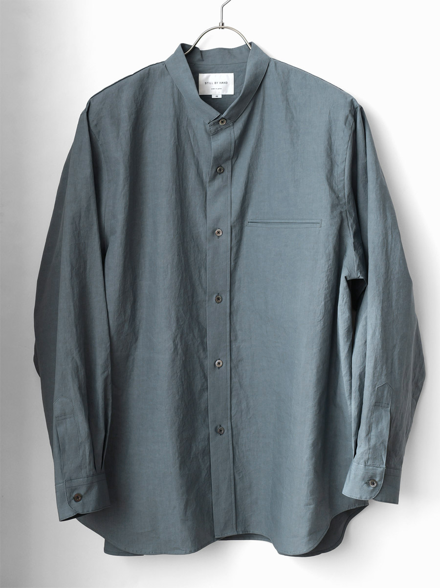 STILL BY HAND -  Linen mixed narrow collar shirt - Blue Gray
