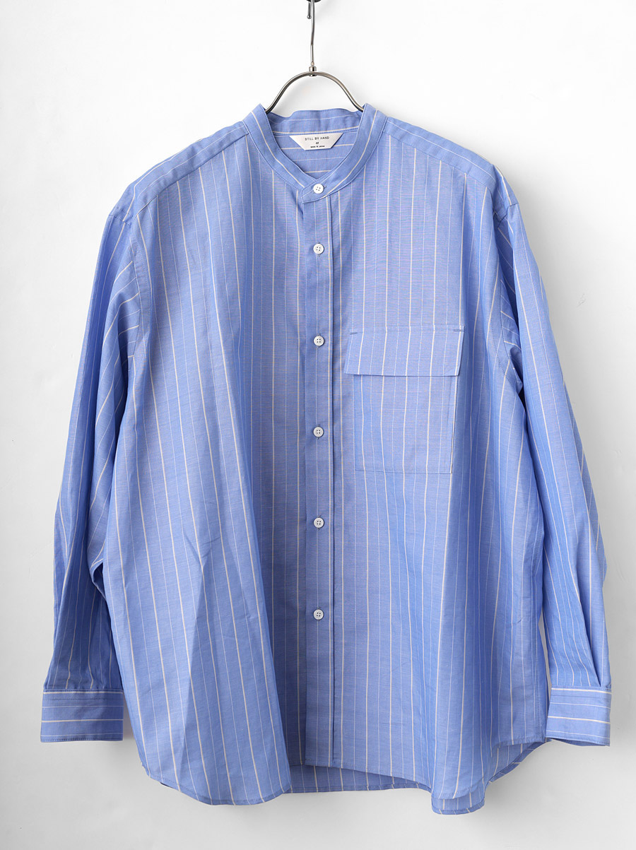 STILL BY HAND -  Cotton/Ramie Band Collar Shirt - Blue Stripe