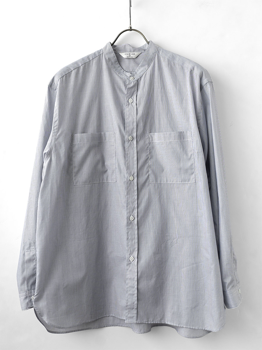 STILL BY HAND - Striped Cotton Band Collar Shirts - Gray