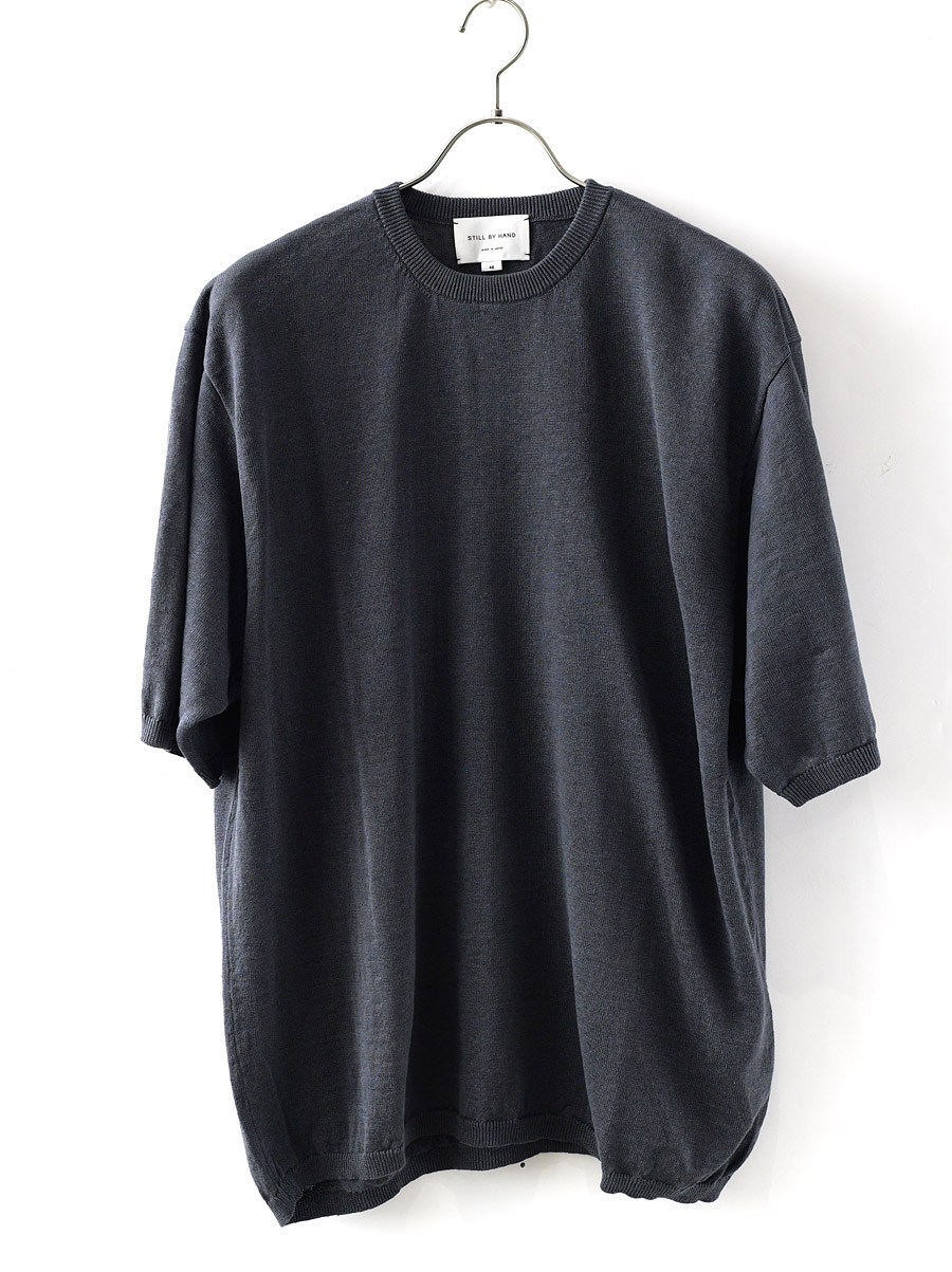 STILL BY HAND - Linen/Cotton Knit T-Shirt - Blue Gray