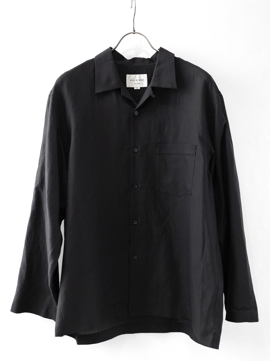 STILL BY HAND - Ramie Mixed Open Collar Shirt - Black