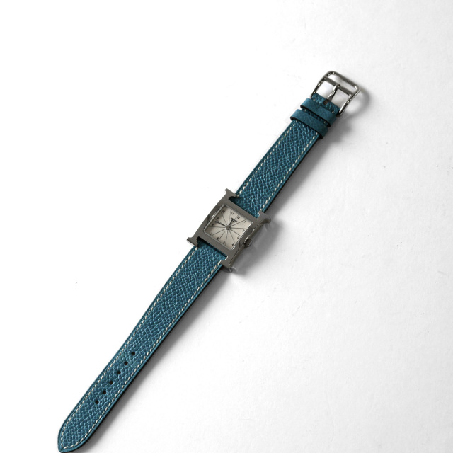 エルメスH時計　ブルーレザーベルト HERMES-H Watch-革ベルト:ブルー-専用箱付き FENEST