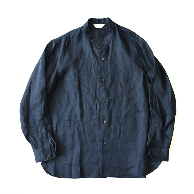 STILL BY HAND - Linen Band Collar Shirts - Navy