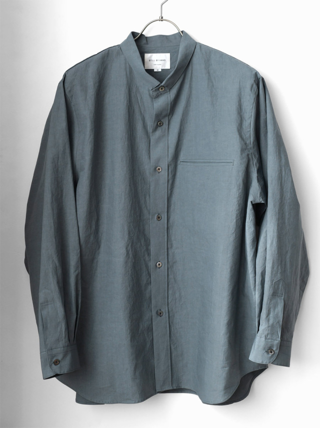 STILL BY HAND -  Linen mixed narrow collar shirt - Blue Gray