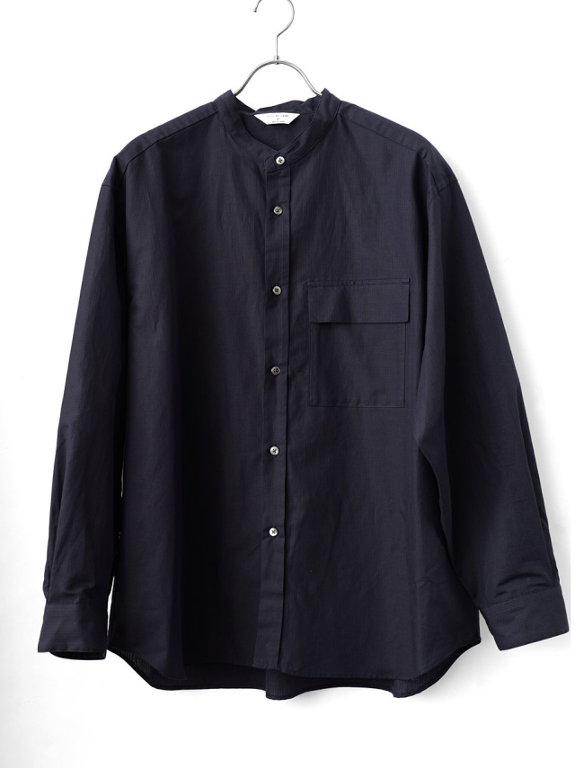 STILL BY HAND -  Cotton/Ramie Band Collar Shirt - Navy Stripe