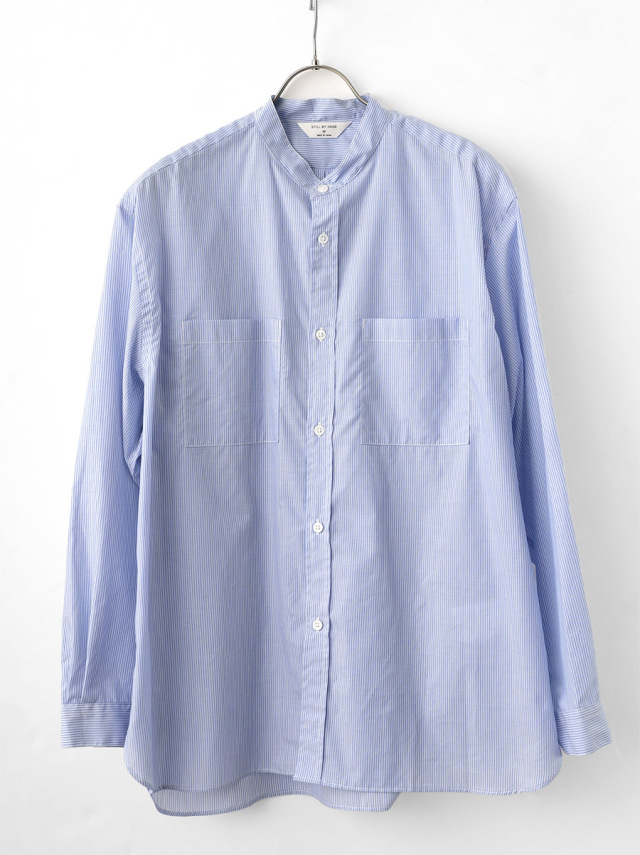STILL BY HAND - Striped Cotton Band Collar Shirts - Sax Blue