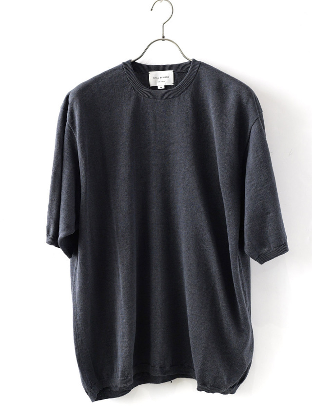 STILL BY HAND - Linen/Cotton Knit T-Shirt - Blue Gray