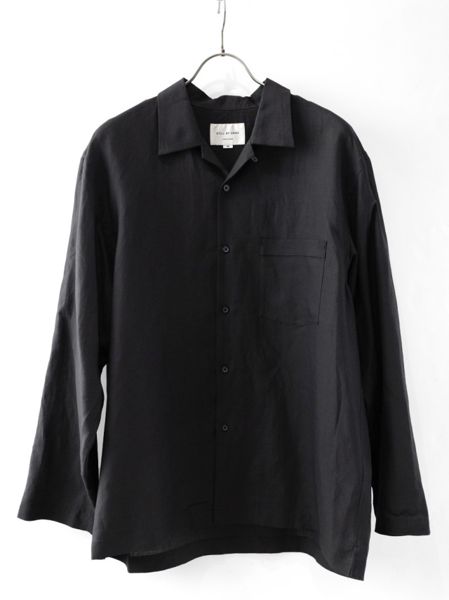 STILL BY HAND - Ramie Mixed Open Collar Shirt - Black