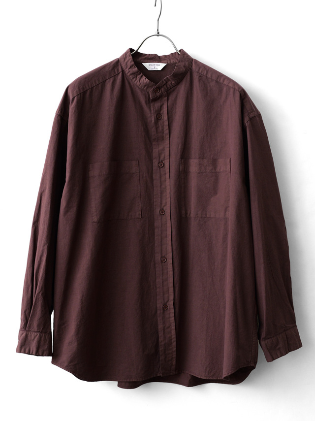 STILL BY HAND - Garment-dye Band Collar Shirt - Reddish Brown