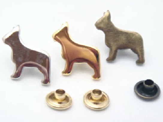日本製 飾りカシメ 犬 フレンチブルドッグ 横のサイズ12ミリ、シルバー、ゴールド、アンティーク、U12300