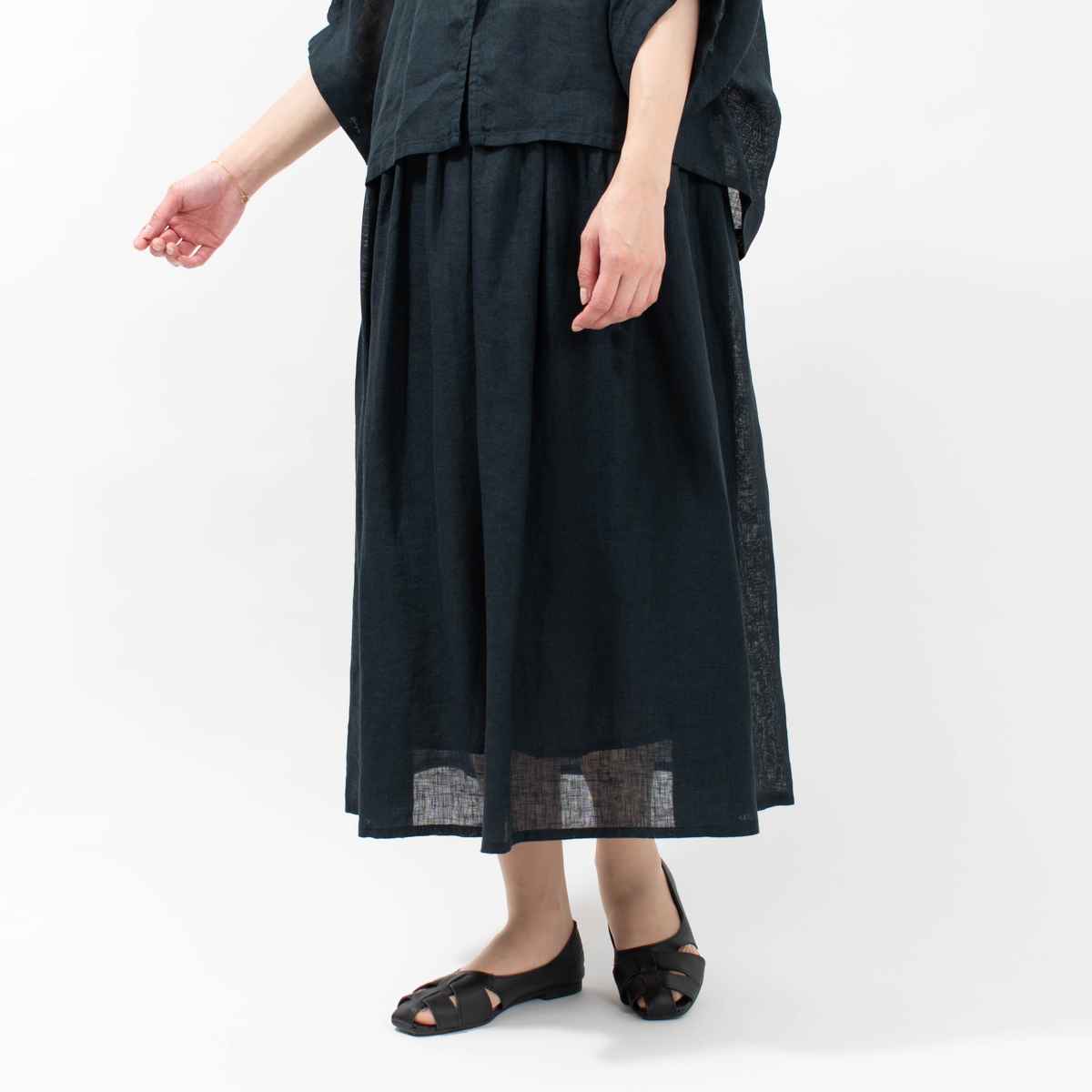 01DUP13303 blue willow リネンガーゼギャザースカート