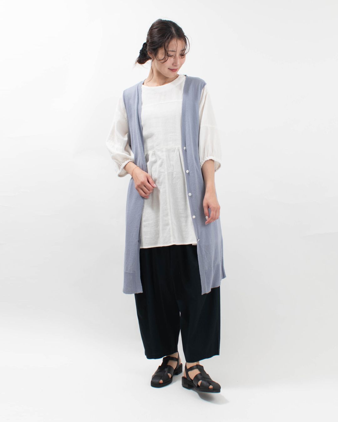 blue willow コットンリネンニットロングベスト