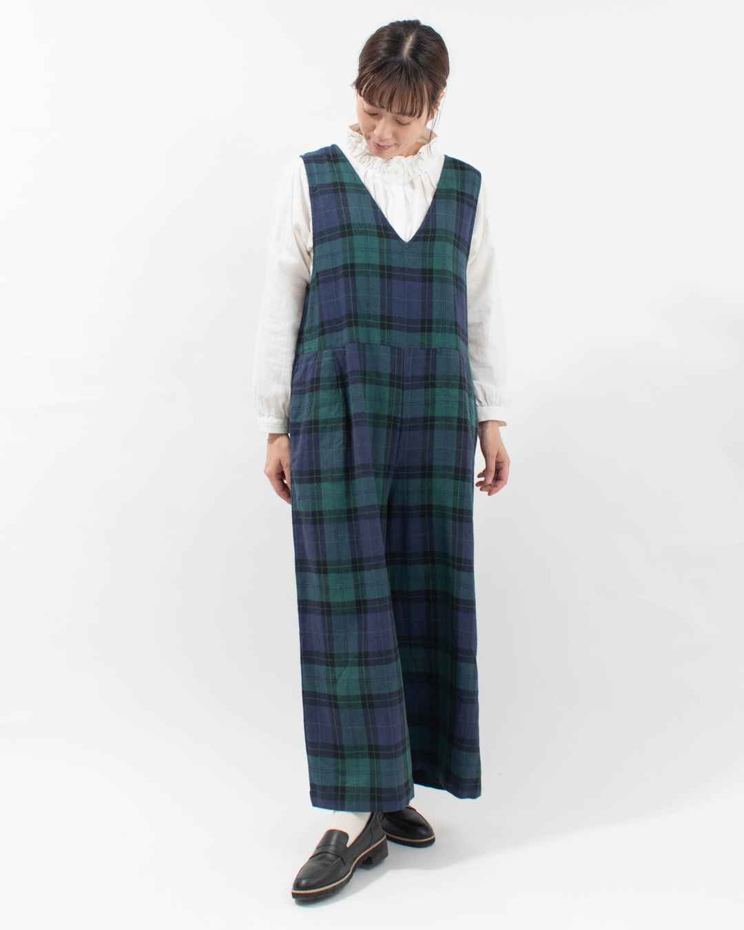 blue willow コットンリネンチェックサロペット