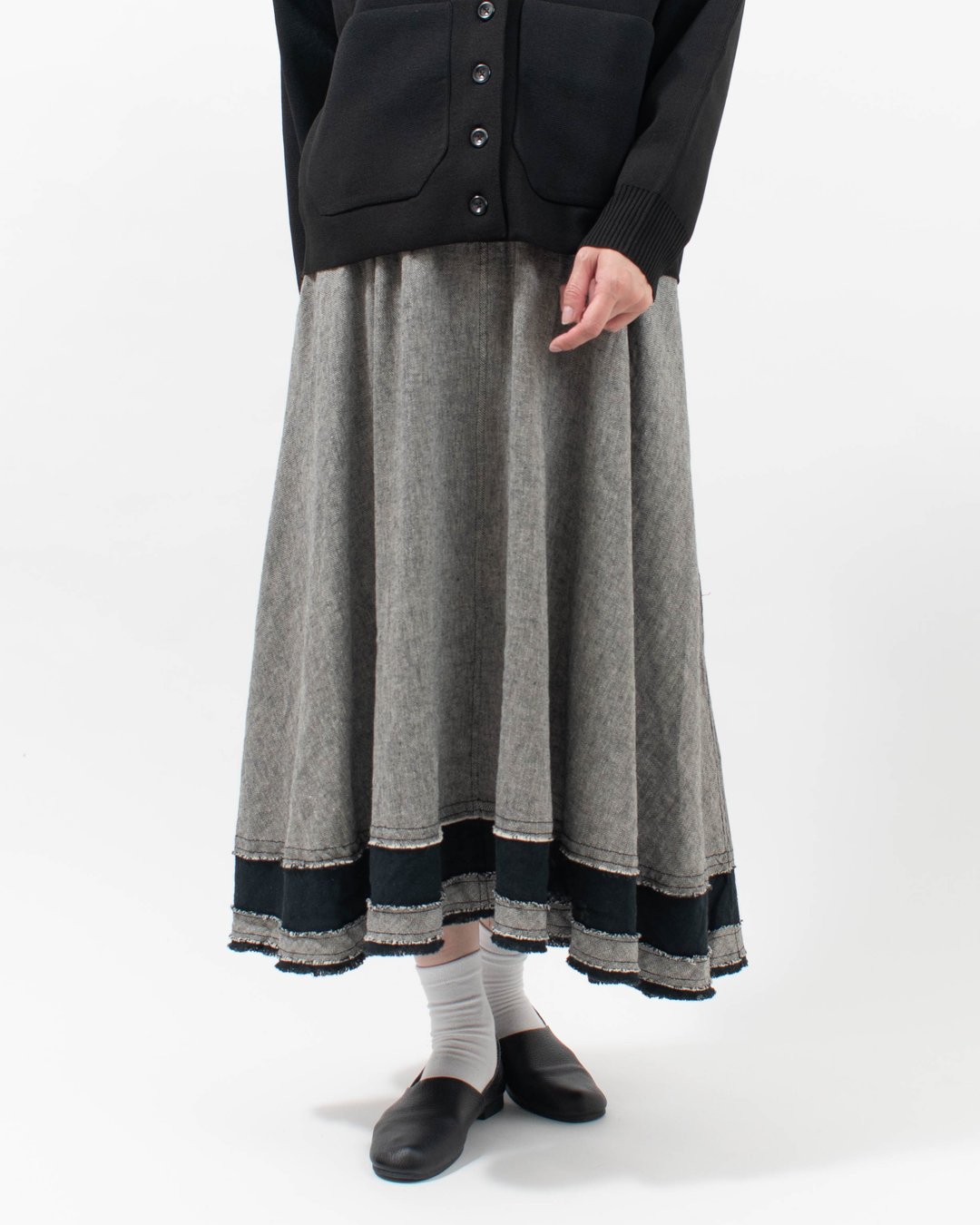 01FWP13513 blue willow コットンリネン 裁ち切り切替フレアスカート