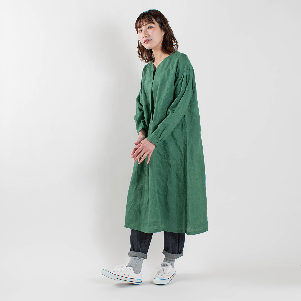 Ina 袖口リブvネックワンピース Sukaldeansortzaile Com