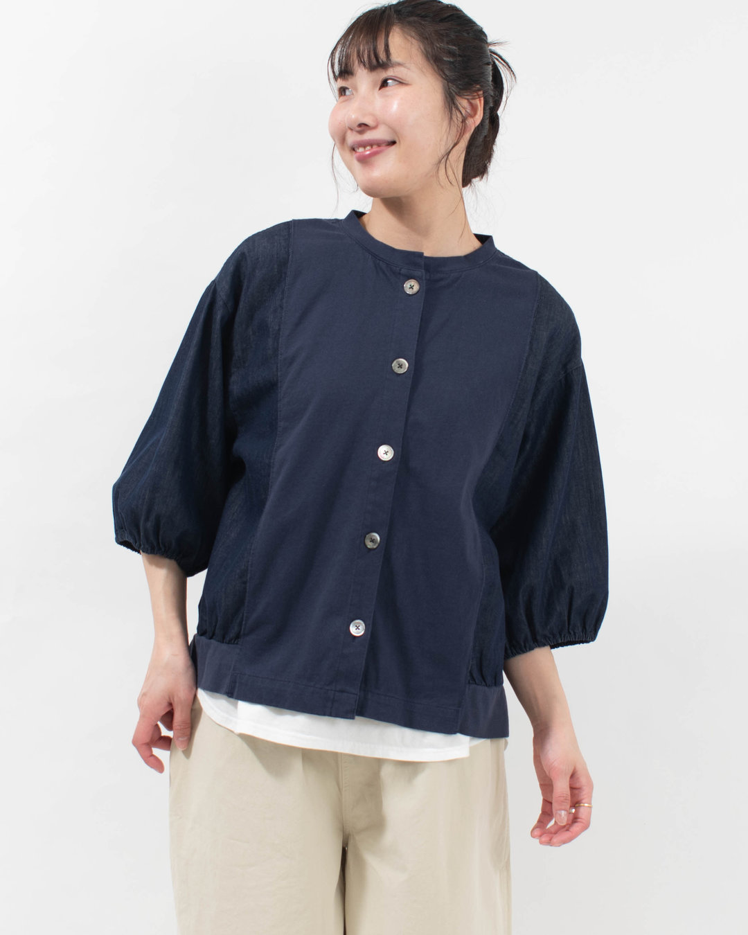 4204592-2  sloe nonfade デニム×天竺 切替え7分袖ブラウス