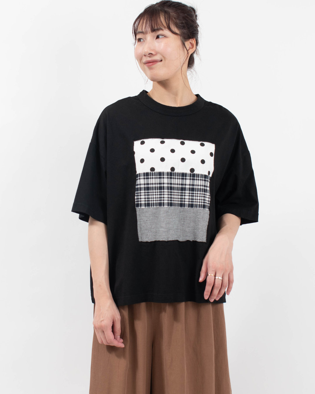 4204774-1 sloe 布帛パッチワーク×天竺 5分袖フレームTシャツ