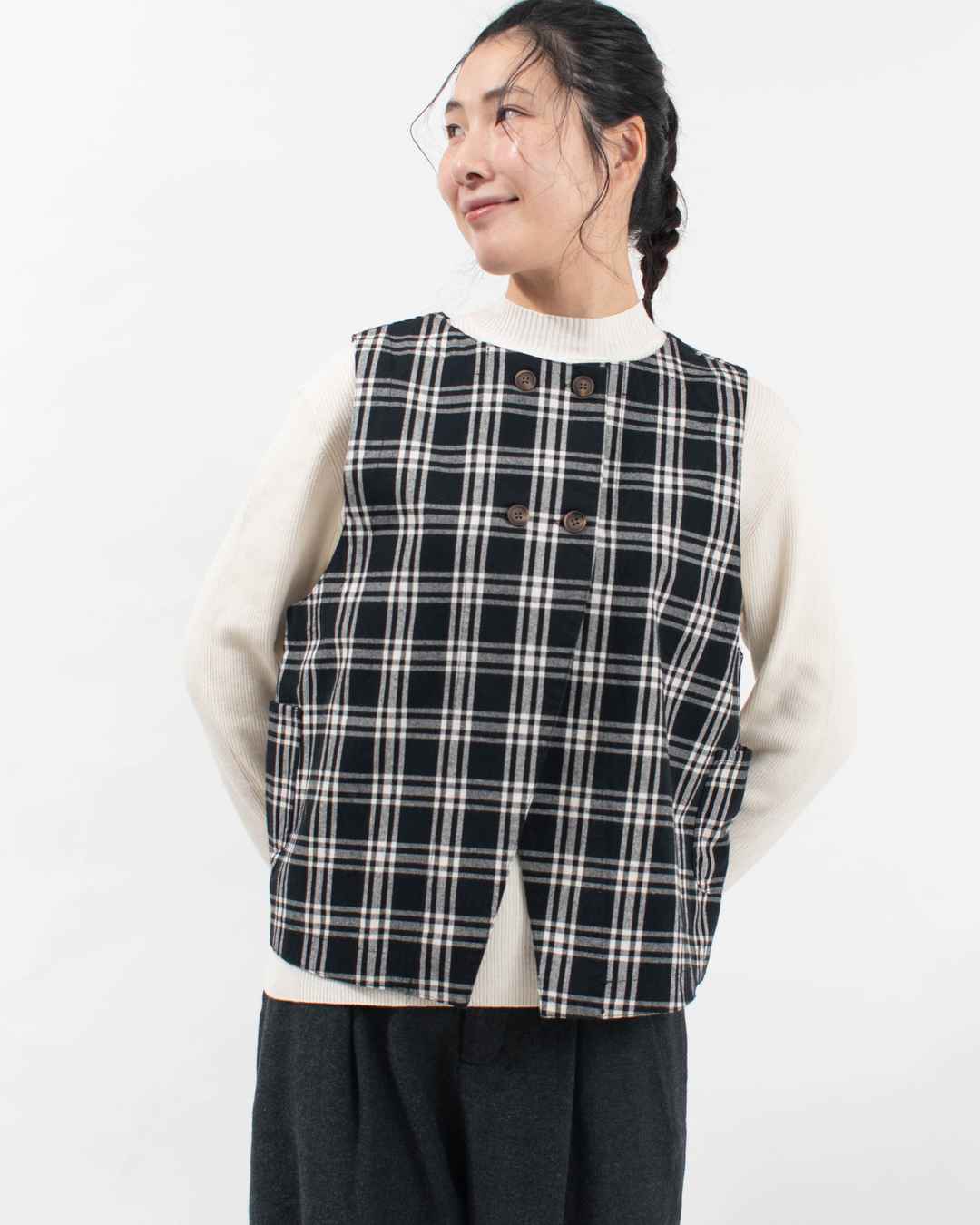 sloe 2WAY先染めチェックWボタンベスト｜ナチュラルファッション
