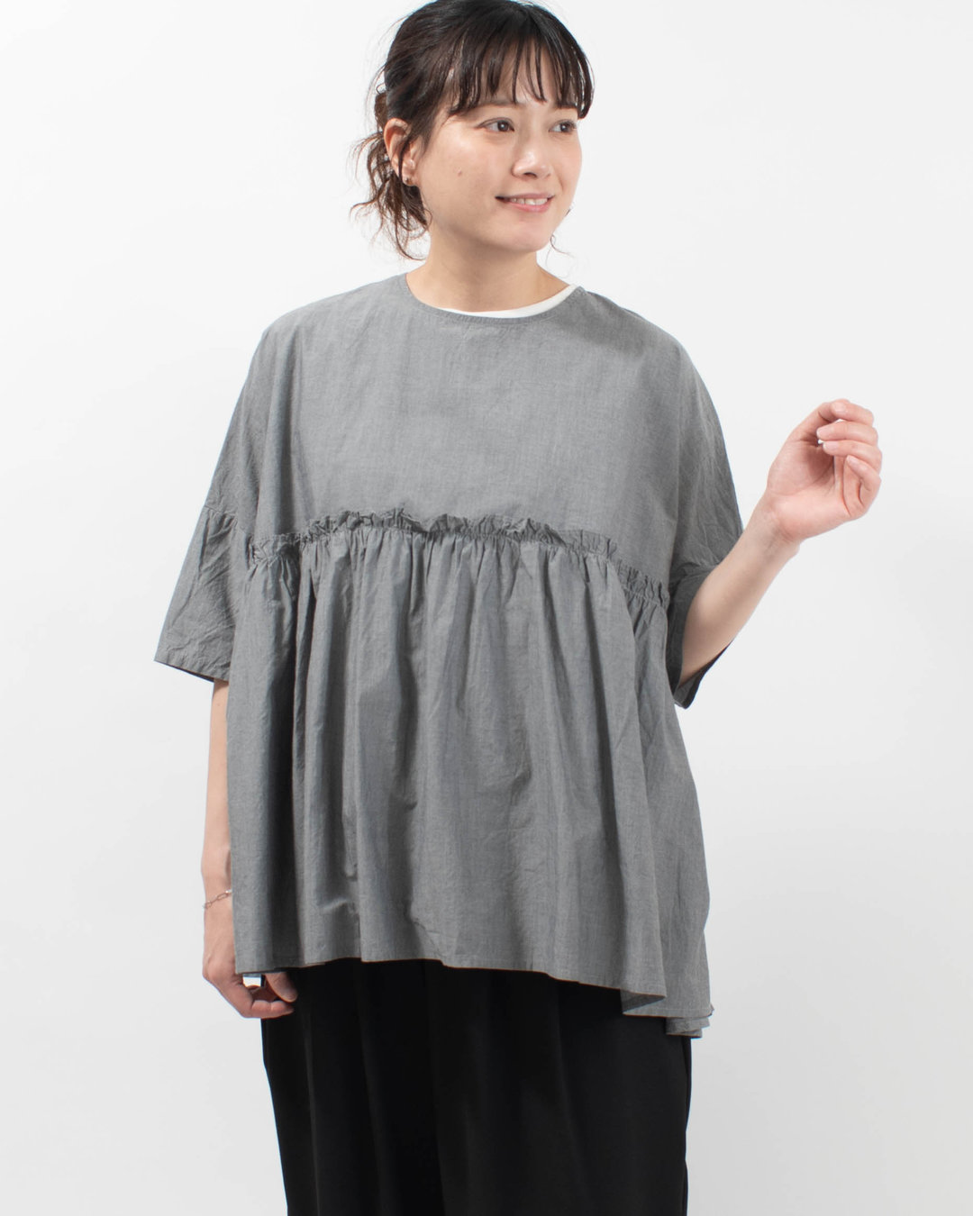 764-246 Bliss bunch コットンタイプライターワッシャー 前後差フリル切替ギャザーチュニック