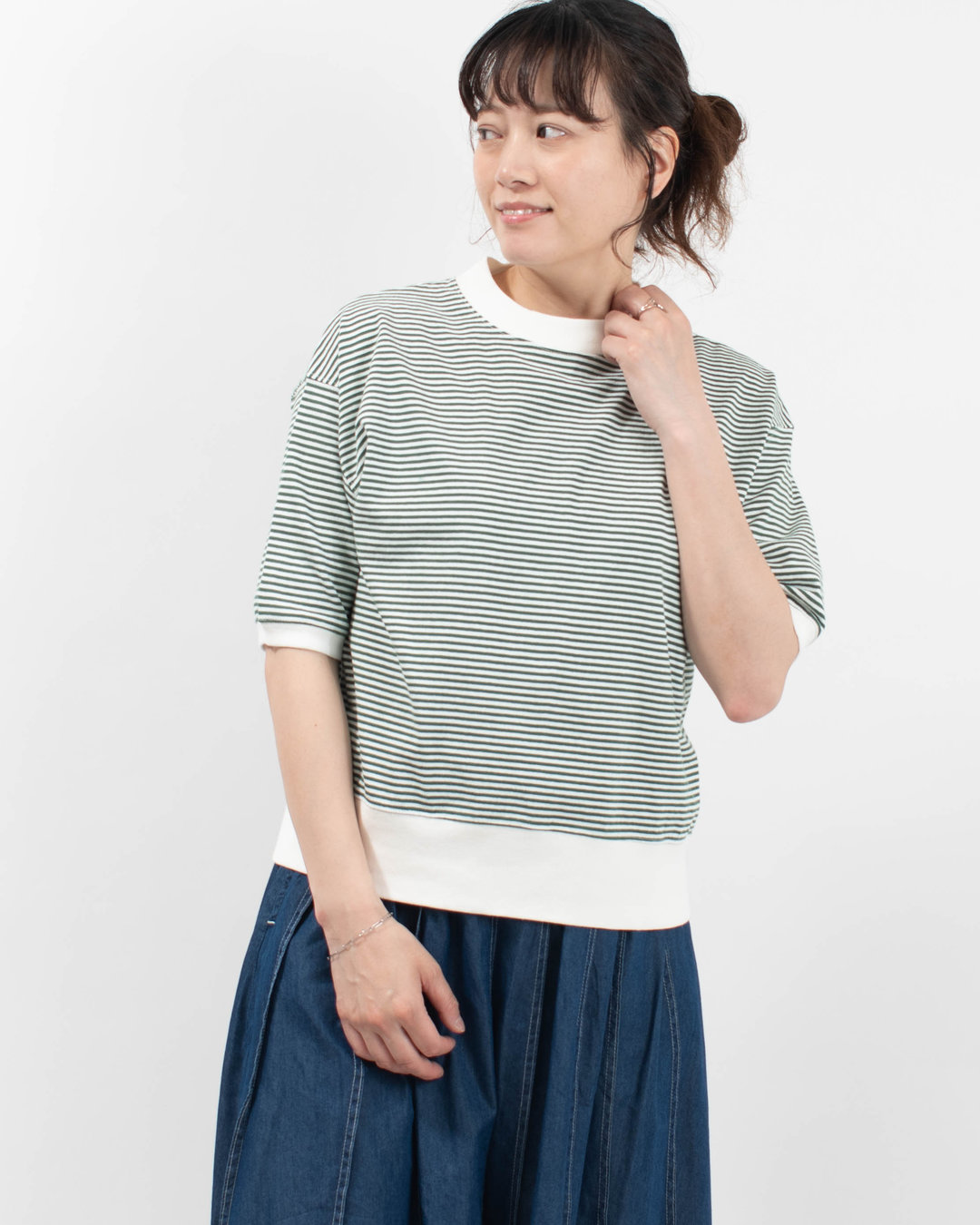 B-521024  BLUE LAKE MARKET アメリカンドライ天竺ボーダー||0.3cピッチ 五分袖ボーダーTee