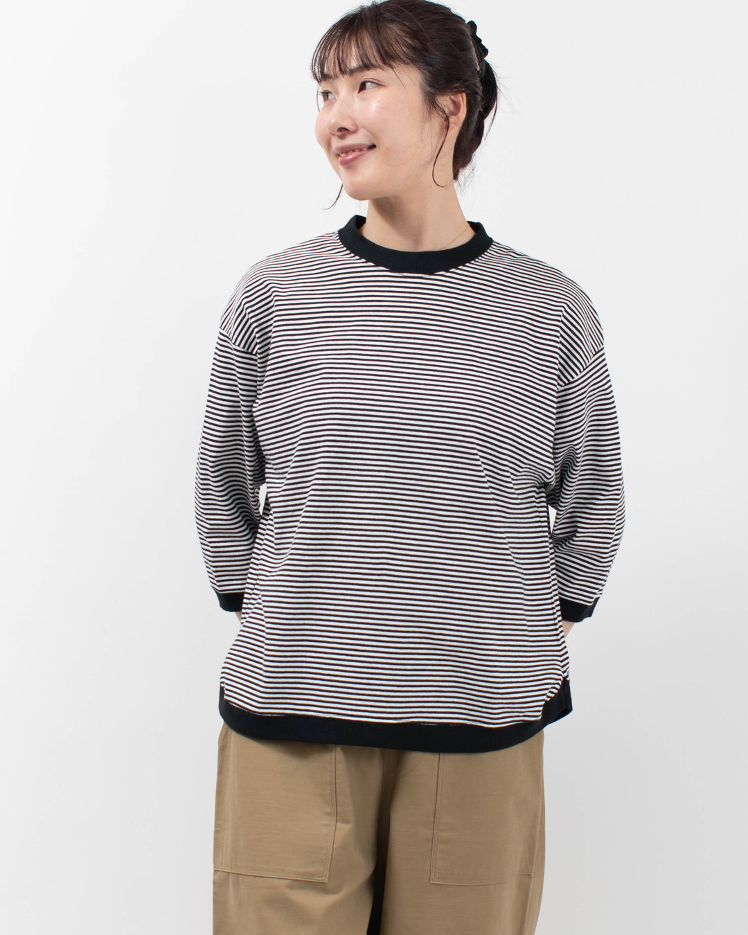 B-522018  BLUE LAKE MARKET アメリカンドライ天竺ボーダー||0.3cmピッチ七部袖ヘムラウンドボーダーTee