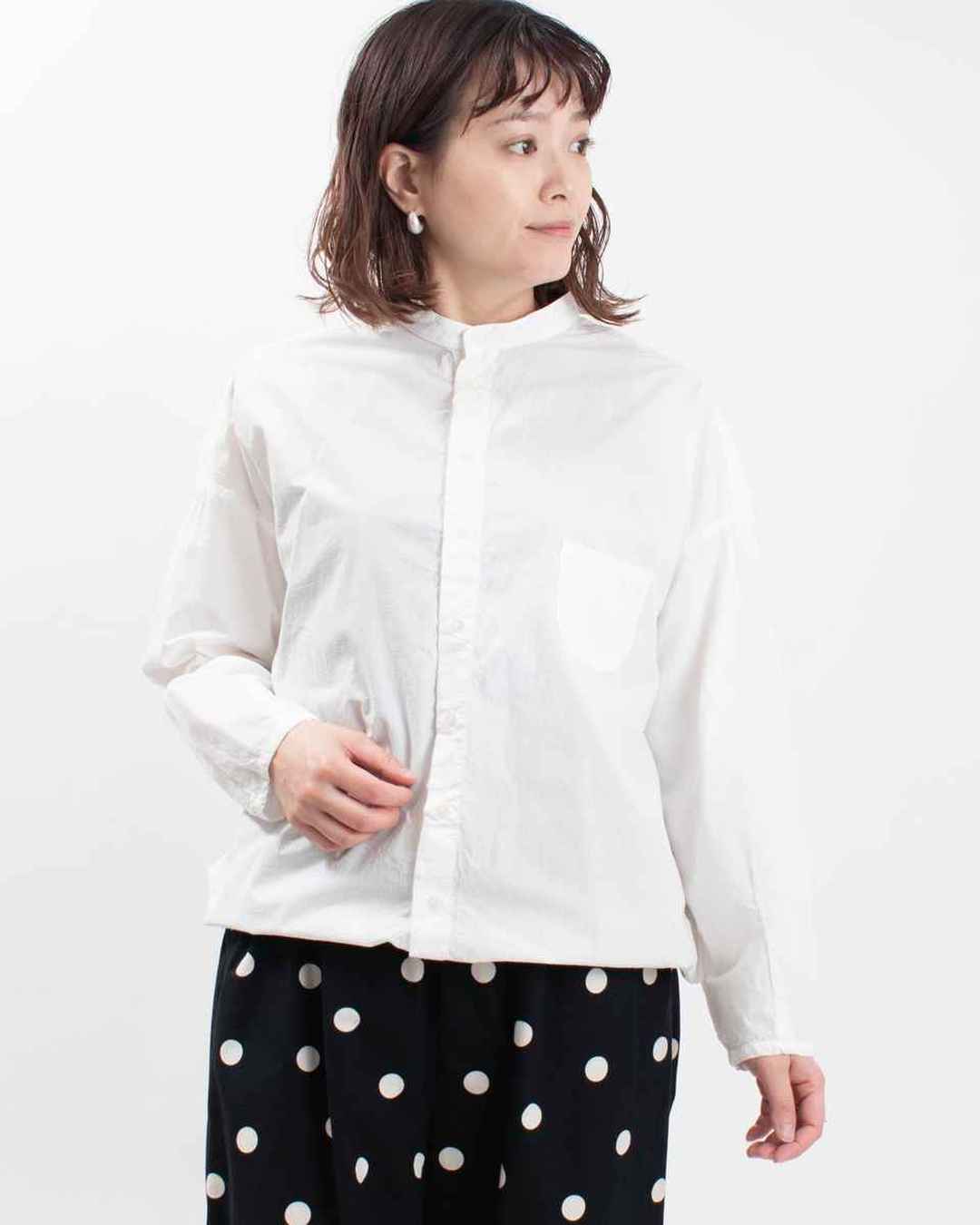 P81521 prit オーガニックミニリップ近江晒加工スタンドカラーコクーンシャツ