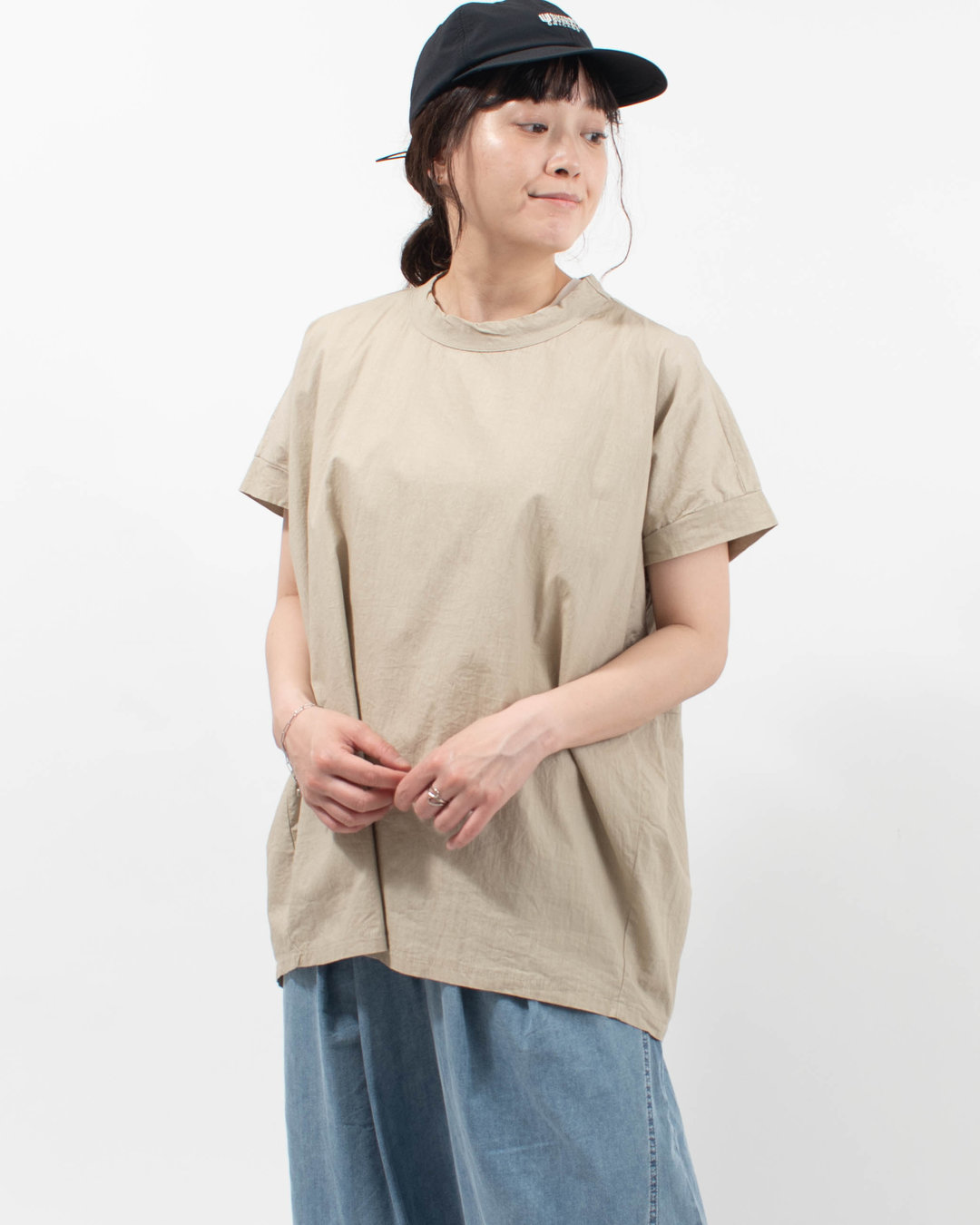 P82620  prit コットンリネンワッシャー中白染め ショートスリーブコクーンチュニック