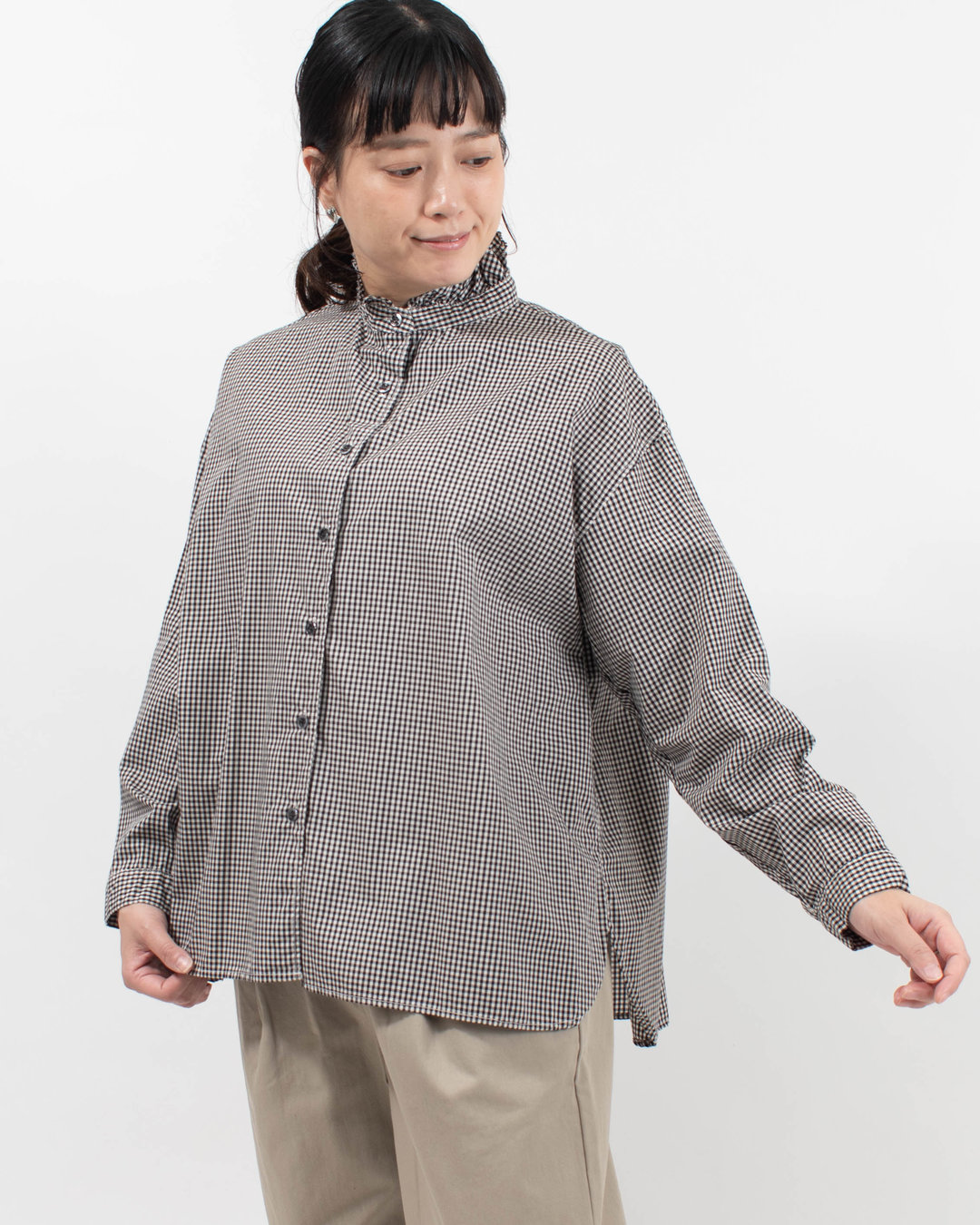 SET-3073 SETTEN 50/-ギンガムブロード/製品染め フリルカラーギンガムシャツ