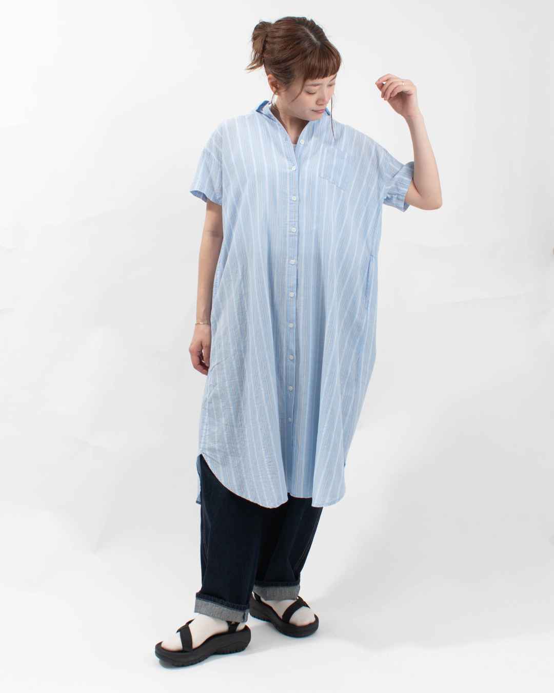 SUN VALLEY コットンガーゼストライプシャツワンピース ｜ナチュラル