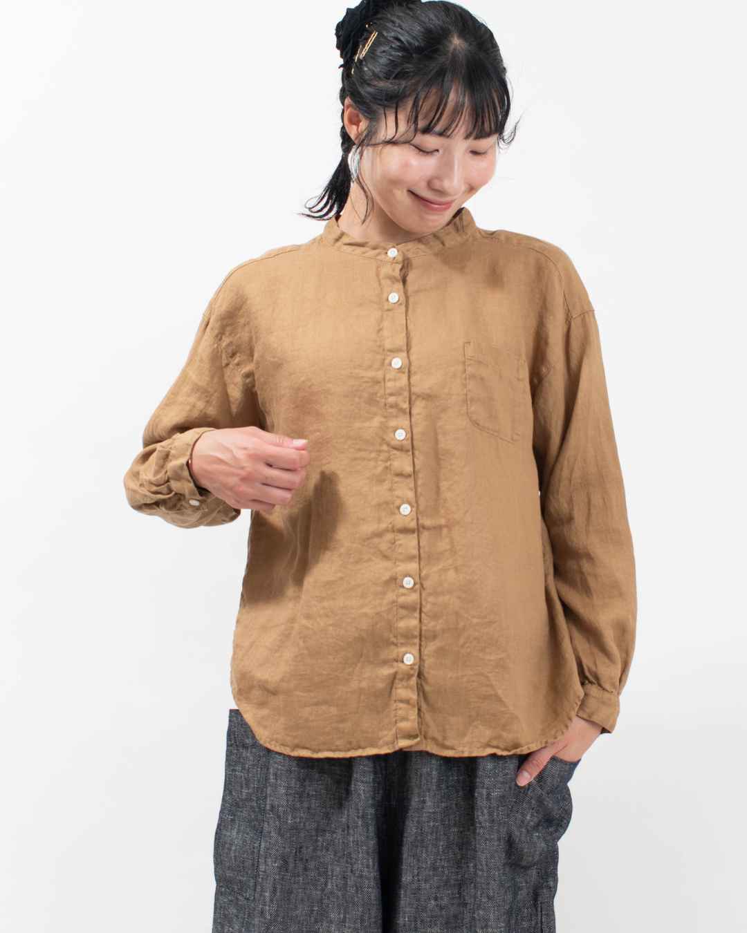 SKT006001  SUN VALLEY 製品染めリネンスタンドカラーシャツ
