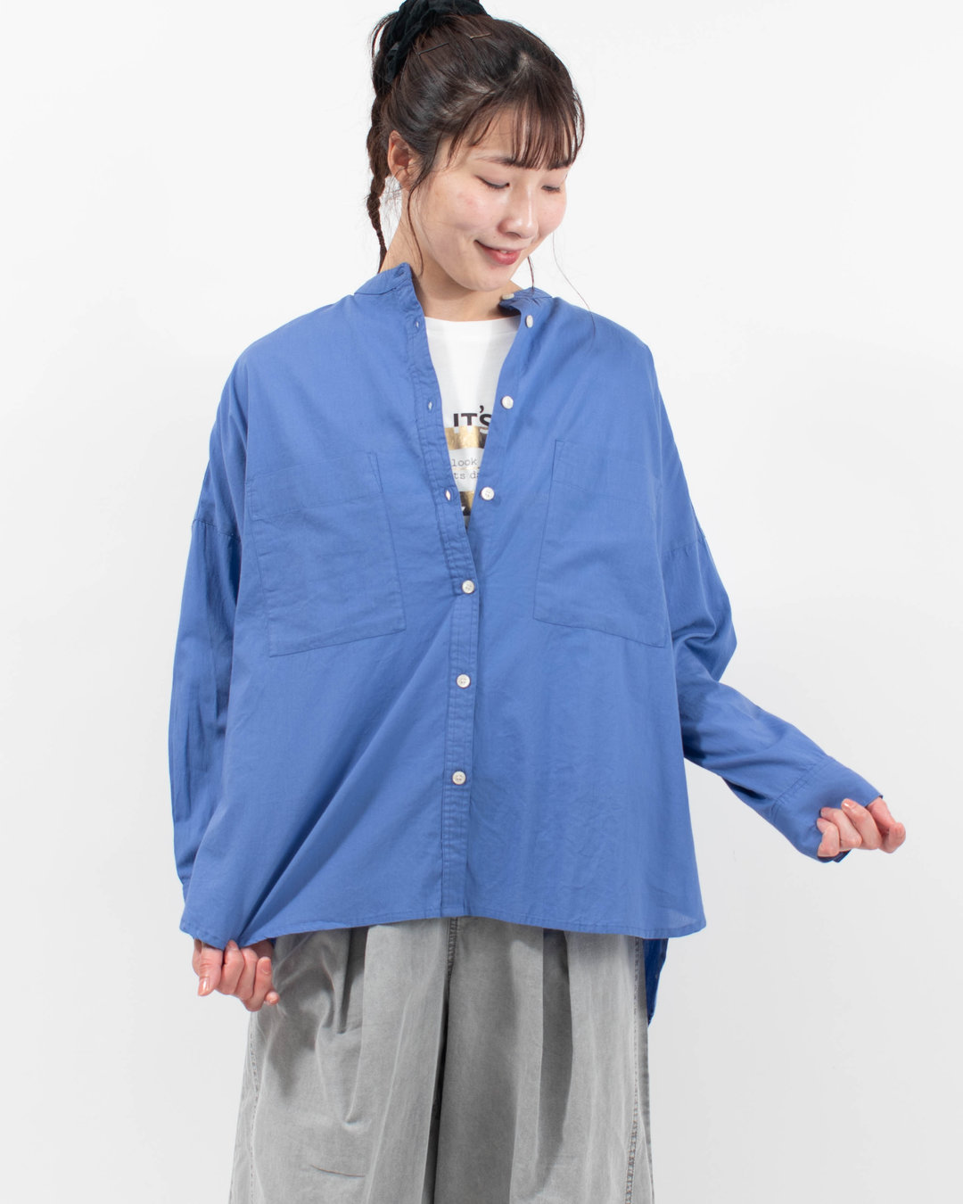 WLA2650  Noia キャンブリックボイル無地バンドカラーシャツ