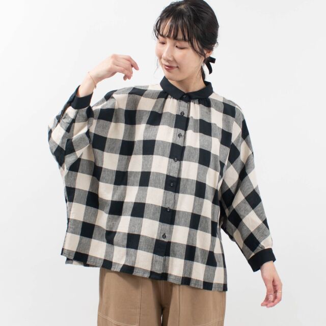【blue willow】リネン100％ ブロックチェック柄ドルマンブラウス blue willow ブルーウィロウ リネンブロックチェックドルマン