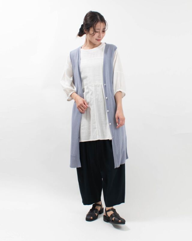 blue willow コットンリネンニットロングベスト