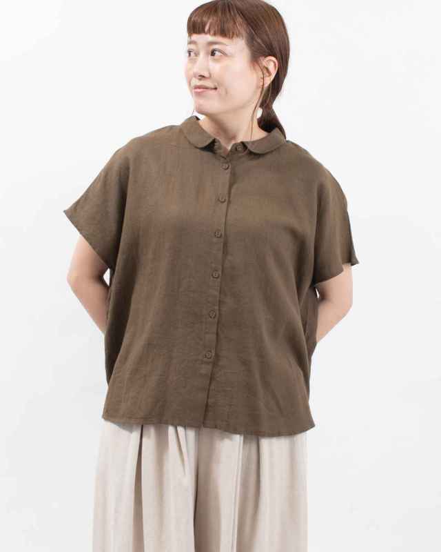01EUS11357　blue willow リネンレーヨンヘリンボンチビ衿ブラウス