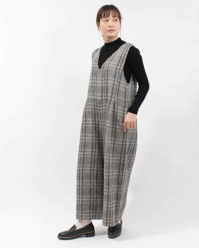 01EWP14534 blue willow コットンリネンチェックサロペット