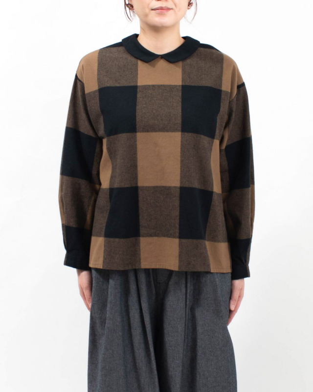01EWS11609 blue willow コットンブロックチェック衿配色ブラウス