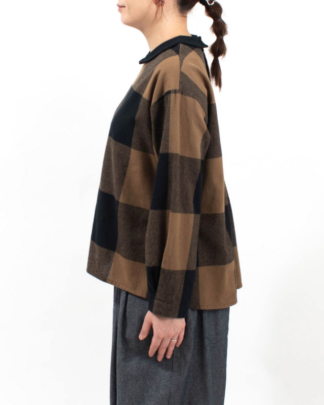 01EWS11609 blue willow コットンブロックチェック衿配色ブラウス