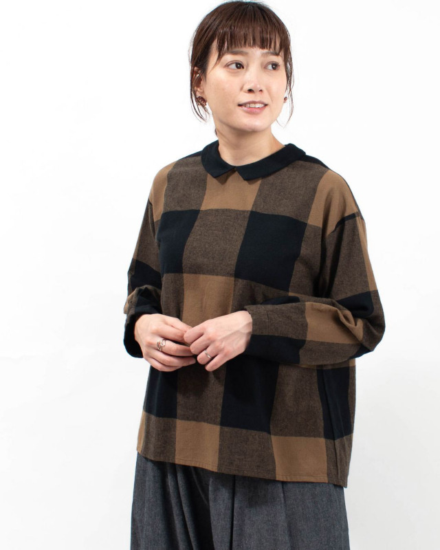 01EWS11609 blue willow コットンブロックチェック衿配色ブラウス