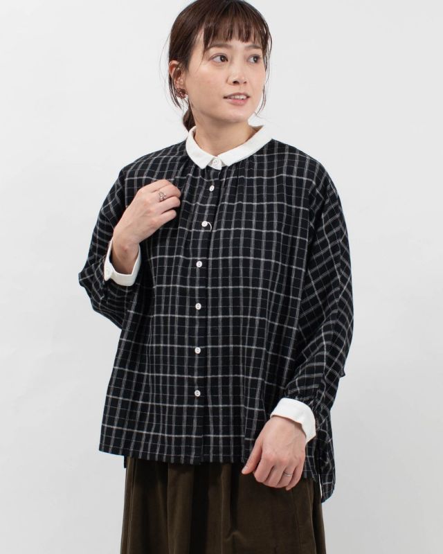 blue willow コットンリネンチェック配色ブラウス｜ナチュラル 