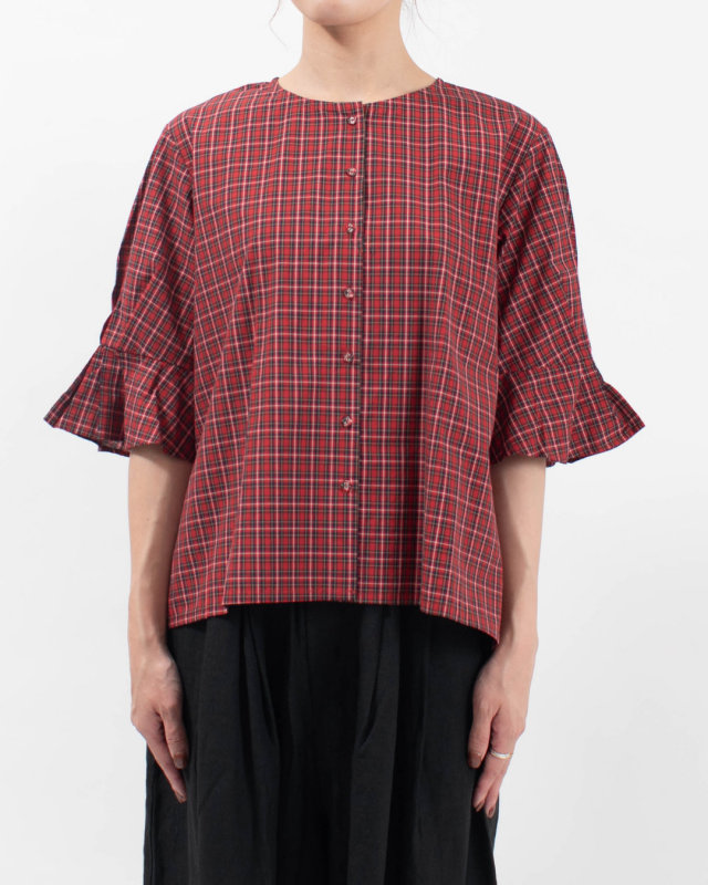 01FFP11405 blue willow コットン細番手タータンチェック袖タックブラウス