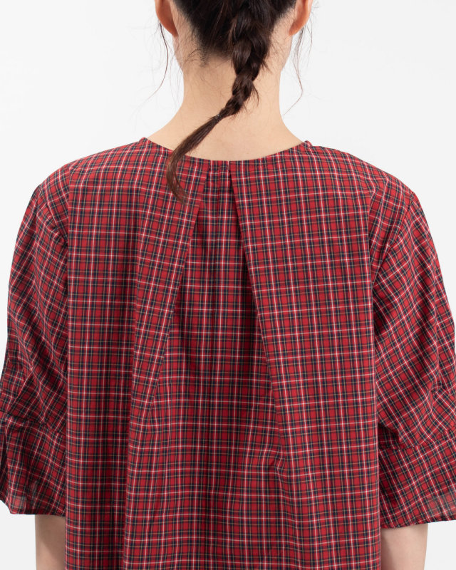 01FFP11405 blue willow コットン細番手タータンチェック袖タックブラウス